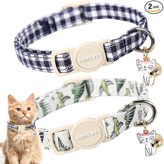 ARING PET 2 Pack Cat Collar-Cute Cotton Cat Collar with Bell & Pendant, Adjustable Dinosaur Kitten Collars with Safety Buckle for Girl and Boy Pets