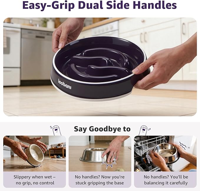 LOOBANI Ceramic Slow Feeder Dog Bowl for Large Dogs 10.2" W- Slow Eating, Perfect for Labradors, Goldens & Huskies for Medium & Large Dogs (L, Purple)