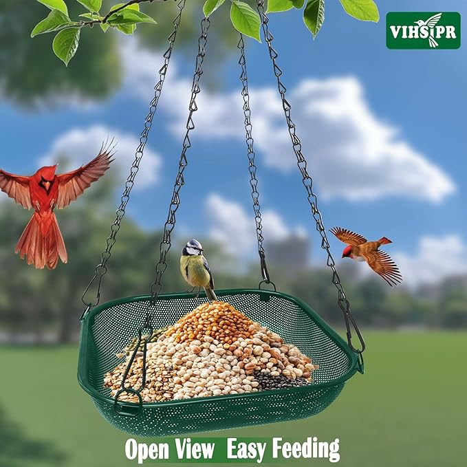 Hanging Bird Feeder for Outdoors – 11 in Square Metal Mesh Bird Feeder Tray Platform for Wild Birds, Green
