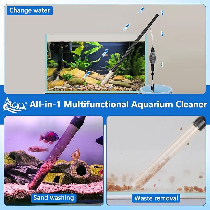 AQQA Gravel Vacuum for Aquarium Siphon - Adjustable Flow Fish Tank Cleaner with Handle, Manual Siphon Pump Water Changer Sand Rock Suction Cleaner, Upgraded Hard Hose with Threaded Connection (L)