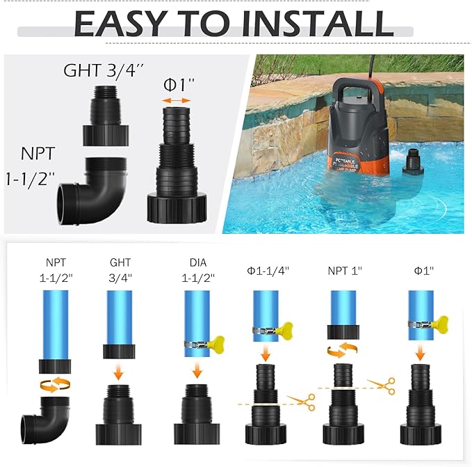 Sump Pump 1HP Clean/Dirty Submersible Water Draining Pump 4500GPH Electric Portable Water Transfer Pumps for Pool Basement Garden Spa Hot Tubs Pond Flood Yard, Orange
