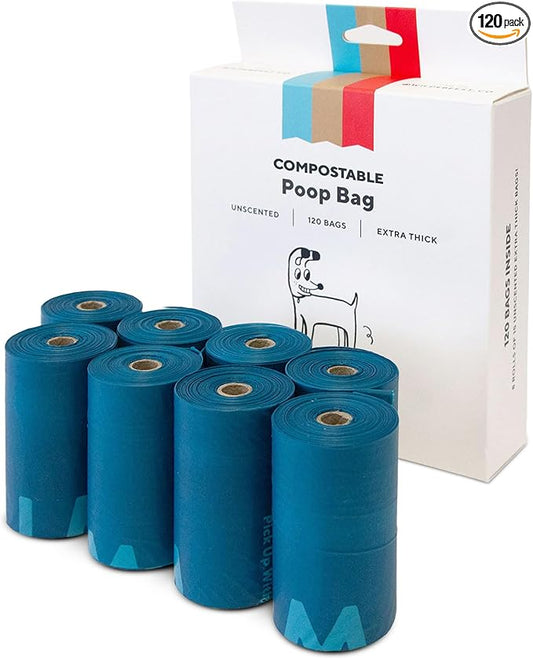 Wildebeest Compostable Dog Poop Bags | Thick, Unscented & Leakproof Dog Waste Bags | ASTM D6400 Compliant | Fit Any Poop Bag Holder – 8 Heavy Duty Eco-Friendly Poop Bag Rolls (120 Bags)