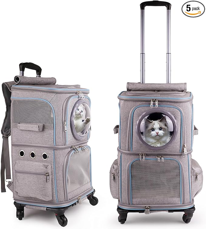 2-in-1 Pet Carrier Backpack for Two Cats or One Dog with Puller & Roller, Grey 2-Layer Dual Cabins Carry Bag for Large Fat Cat and Puppy Traveling and Hiking, Space Capsule Clear Bubble Dome