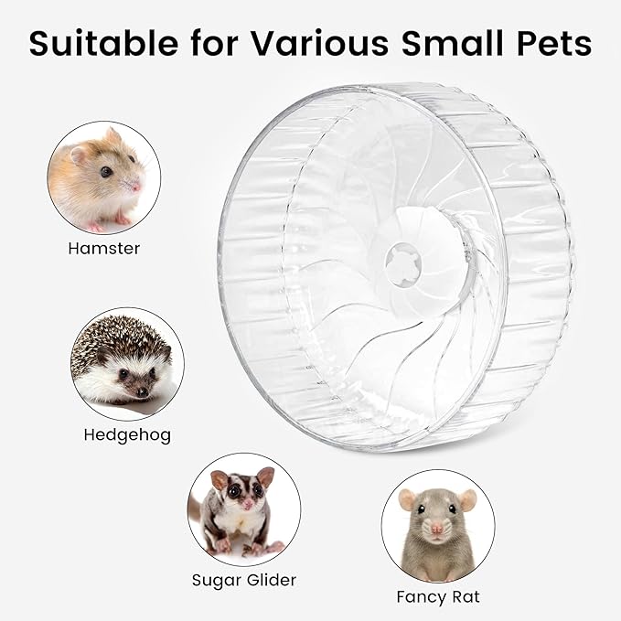Silent Hamster Wheel, 8in Hamster Wheel No Stand, Double-Bearing Quiet Spinner for Syrian Hamsters, Hedgehogs, Mice & Small Pets, Clear