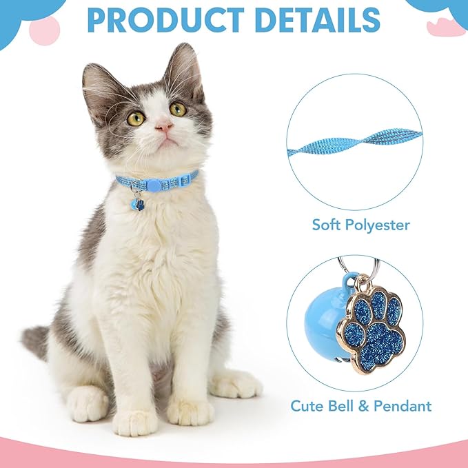BINGPET Reflective Cat Collar Breakaway with Bells,3 Pack Kitten Collar for Girl Boy Cats with Cute Pendant Glow in The Dark,Adjustable 8''-11.8'',Blue