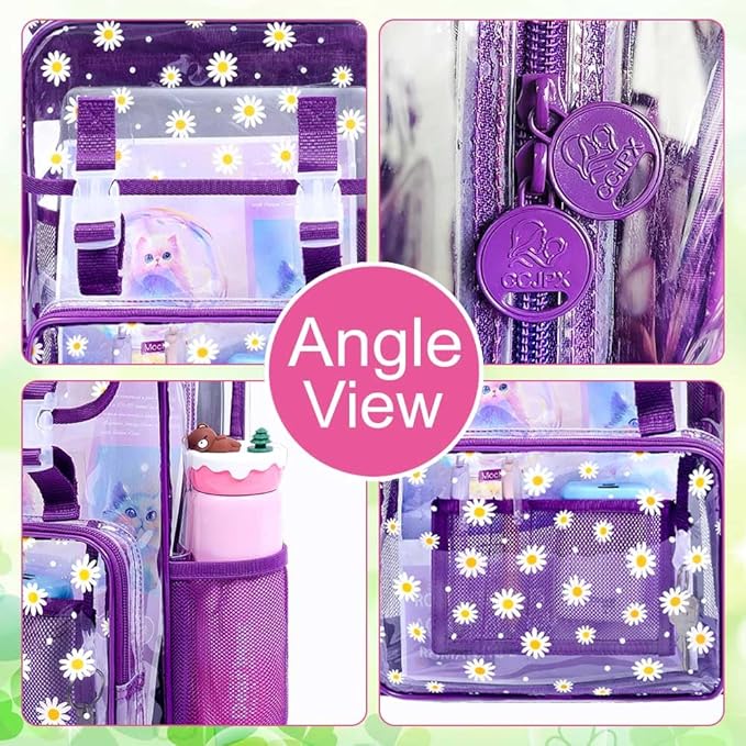 17" Daisy Clear Backpack for Girls - 3Pcs Flip Design Stadium Approved Set, Gym/Concert Transparent Bookbag (Deep Purple)