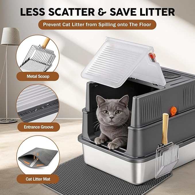 Stainless Steel Litter Box with Lid: Enclosed Cat Litter Box for Small Cats & Kitten, Metal Kitty Litter Pan with High Sided Enclosure, Include Scoop & Mat, Odor Control, Anti-Leakage