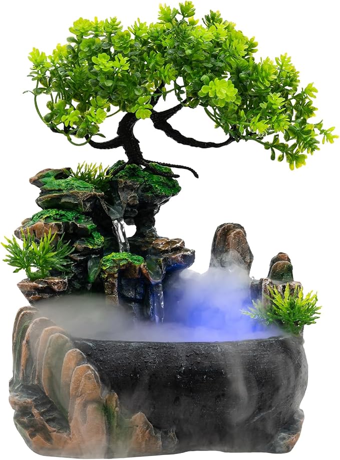 Indoor Fountain Rockery Tabletop Fountain with an Atomizer Elaxation | Water Feature Meditation Desktop Fountains for Home Office Decor or Gift 6.7''L x 5.9''W x 7''H with LED Light