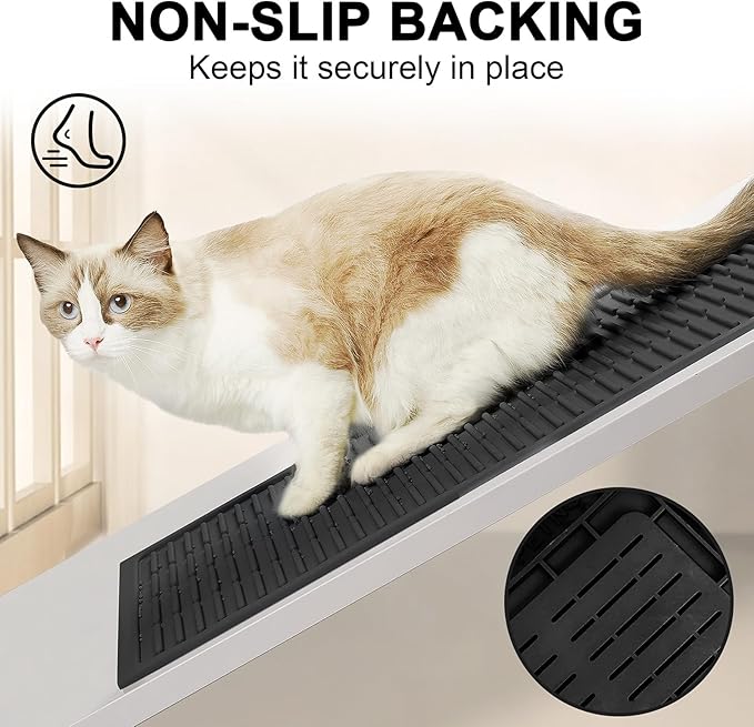 Extra Large Litter Mat: XL 39"x29" Silicone Waterproof Groove Design Litter Trapping Mat Easy to Clean for Multiple-Cats - Jumbo Non-Slip Cat Box Rug for Floor (Black)
