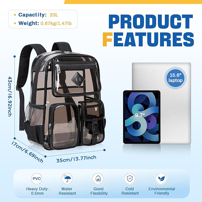 PIG PIG GIRL Clear Backpack for School,Heavy Duty PVC Transparent Bookbag for Girls Stadium Approved See Through Backpack