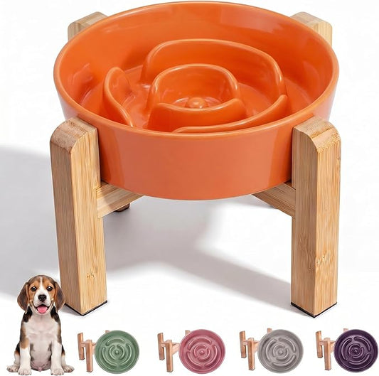 Elevated Slow Feeder Dog Bowl - Ceramic Maze Food Dish with Bamboo Stand - Raised Feeding Bowl for Fast Eaters - Ideal for Small and Medium Dogs - Orange - 6.7 inch