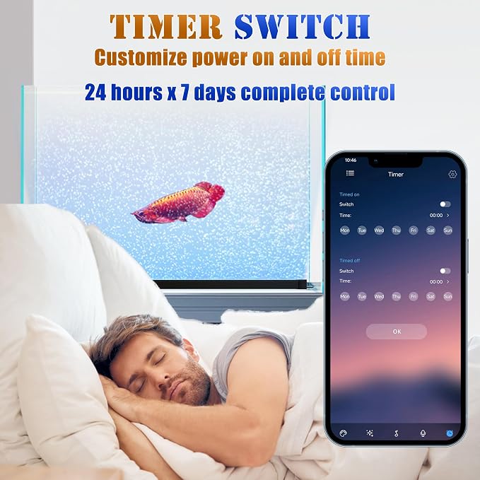 Smart App-Controlled LED Aquarium Light with 16 Million Colors, 12 Dynamic Effects, Fish Tank Light with Nano Air Bubble for Aquarium Bubbler Decorations, Submersible Fish Tank Accessories - 19''