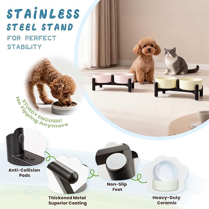 Elevated Ceramic Dog Bowl Set - Cute Double Dishes with Stainless Steel Stand – Raised Feeding Bowls for Cats and Small Dogs - Food & Water Set - 5" / 1.4 Cups (140 g / 260 ml) - Pink