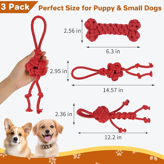 3 Pack Cotton Rope Dog Toy Set, Indestructible Chew Toys for Aggressive Chewers, Puppy Teething Toys with Bone, Human & Chinese Knot Designs for Boredom Relief & Tug of War， Red