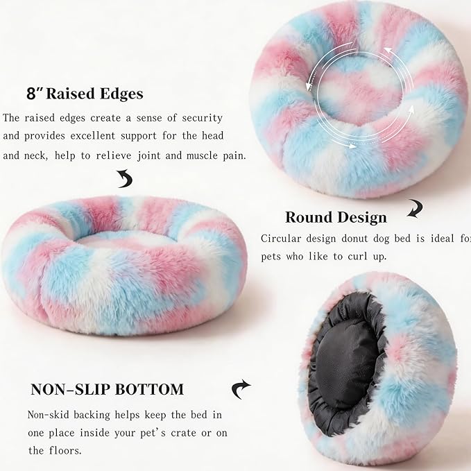 Calming Dog Bed for Medium Dogs Washable Donut 30 inches Anti-Slip Pet Bed,Round Fluffy Plush Faux Fur Cat Bed,Fits up to 45 lbs Pets,Multi Colored