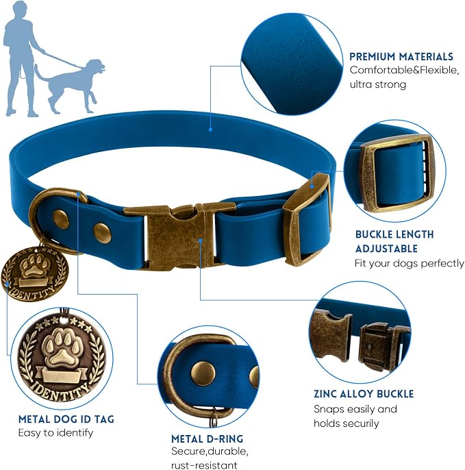 Wisedog Waterproof Dog Collar and Leash Set, XL, Blue | Adjustable Puppy Collar, Cute Tag, 6FT Dog Leash, Poop Bag Included, Small Medium Large Dogs
