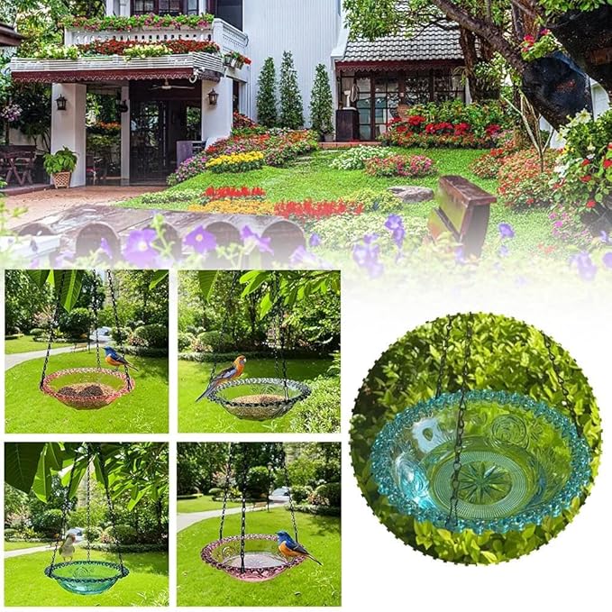 Hanging Blue Bird Bath & Feeder - Outdoor Bowl with Tray for Garden, Patio & Backyard Decor - Gift for Bird Lovers