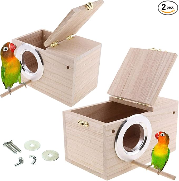Hamiledyi 2PCS Parakeet Nesting Box Bird House Bird Nest Wood Breeding Box Parrot Mating Box for Parrot Lovebirds Cockatiel Conure Cockatoo Budgie Finch Canary（Style A）