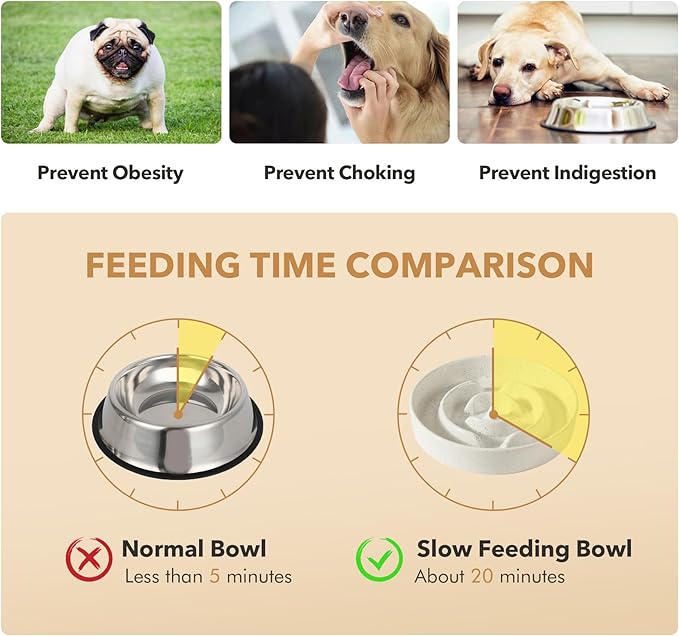 Havniva Elevated Slow Feeder Dog Bowls, 1.2 Cups/7.3 inch Slow Feeders + 6.1 inch Ceramic Dog Food & Water Bowls Set with Acacia Wood Stand Puzzle Bowls for Fast Eater, Small Dogs Anti-Choking