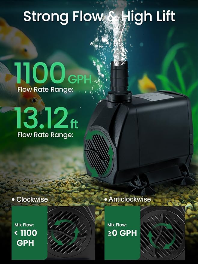 GROWNEER 1100GPH Submersible Pump 90W Fountain Water Pump 4100L/H, with 13ft High Lift, 4 Nozzles for Aquarium, Fish Tank, Pond, Hydroponics, Statuary, Garden, Black(1100GPH)