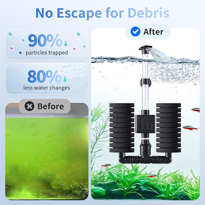 AQQA Electric Sponge Filter for Aquariums, Dual Bio & Mechanical Filtration | 5W 50 GPH Quiet Water Pump with Oxygenation & Water Circulation for 10-40 Gallon Freshwater & Saltwater Fish Tanks