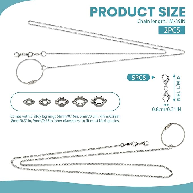 LELE LIFE 2 Pack 39in Bird Leash with 5 Sizes Ankle Rings, Stainless Steel Anti-Bite Parrot Bird Harness Flying Toy Training Chain Leg Rope Outdoor Parrot Alloy Foot Ring