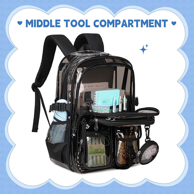 Clear Backpacks for Stadium Events Heavy Duty Clear Bookbag for School Girls Transparent Back Pack, Black Semitransparent