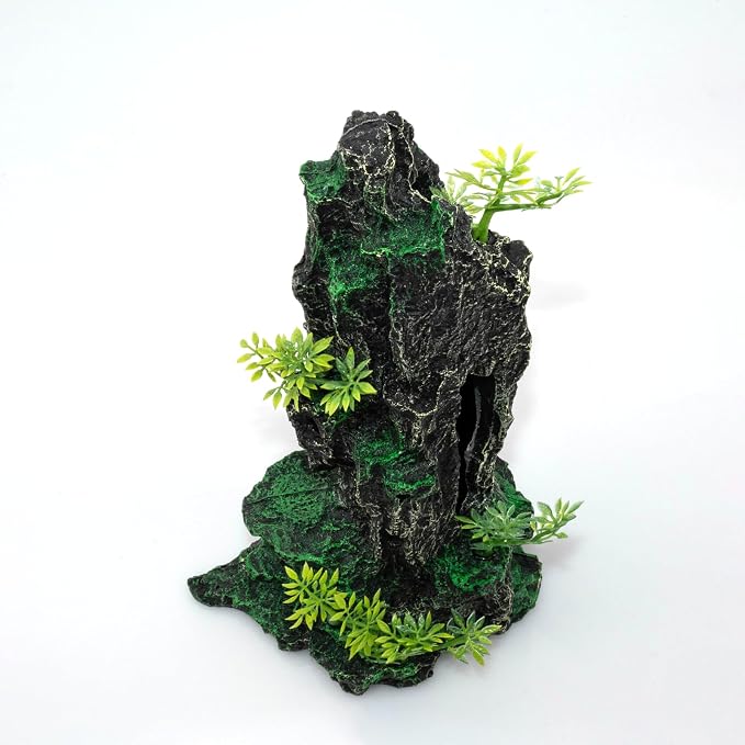 Aquarium Mountain View Stone Ornament, Large Resin Hideout Cave for Betta & Shrimp, Fish Tank Decor Rock Cave with Fish Cave and Hideouts (7.87" x 4.33" x 13.98")