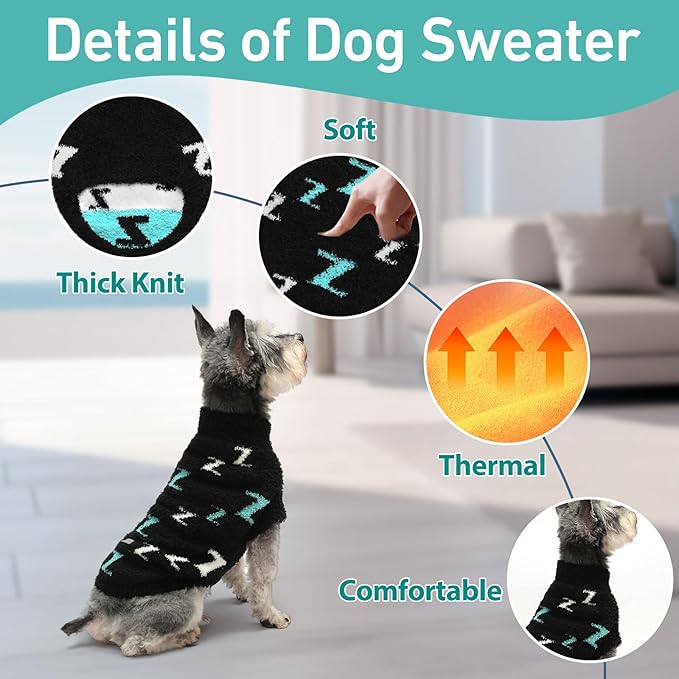 Dog Sweaters for Small Dogs Boy Girl Puppy Pullover Sweater Cold Weather Cable Knitwear Thick Warm Outfits for Chihuahua Bulldog Dachshund Pug Yorkie (Black-XS)