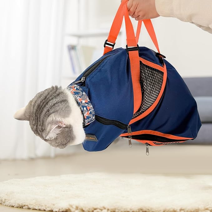 Cinf Cat Nail Clipping Cleaning Grooming Restraint Bag (Free Muzzle) Set No Scratching Biting for Bathing Nail Trimming Injecting Examining(Navy Blue,L)