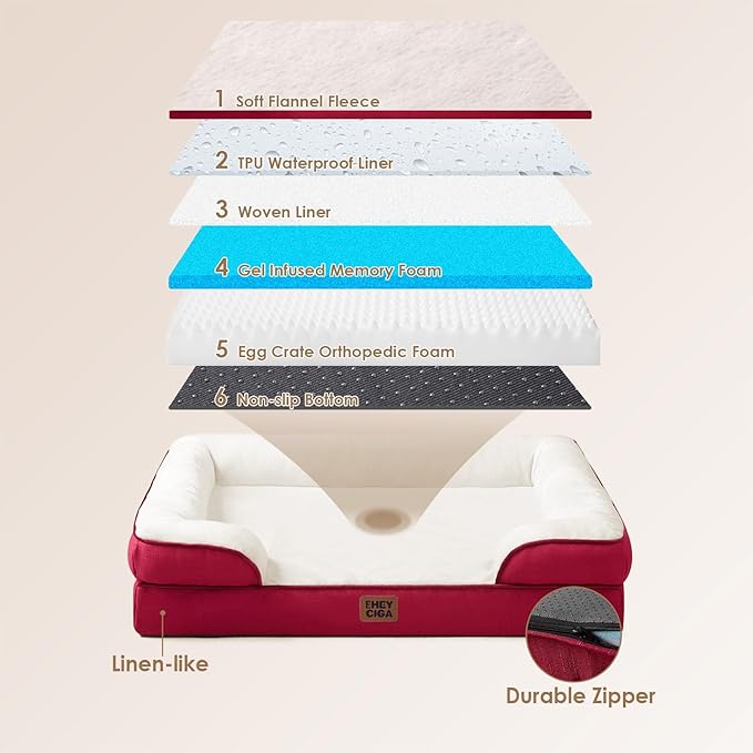 EHEYCIGA Orthopedic Dog Beds for Extra Large Dogs, Waterproof Memory Foam XL Pet Bed with Sides, Non-Slip Bottom and Egg-Crate Foam Big Dog Couch Bed with Washable Removable Cover,Red