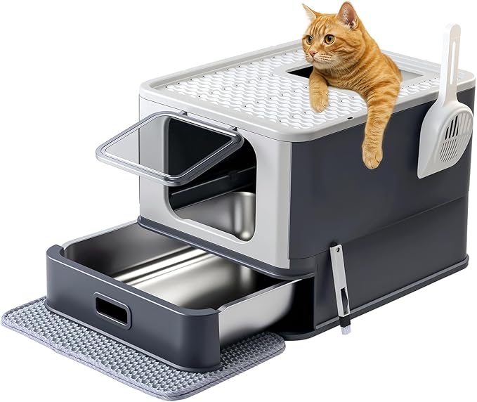 Marchul Stainless Steel Cat Litter Box with Lid & Drawer, Adjustable Front Entry Top Exit Kitty Box, Large Metal Covered Litter Box with Scoop & Litter Mat, Dark Gray