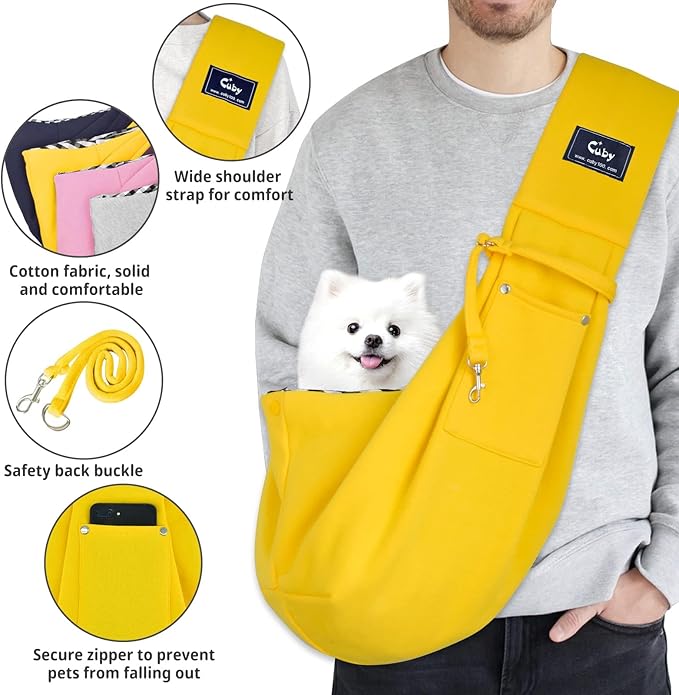 CUBY Dog and Cat Sling Carrier - Hands Free Reversible Small Pet Carrier Sling with Storage Pocket Design - Suitable for Puppy, Small Dogs Cats Outdoor Travel Walking(Yellow)