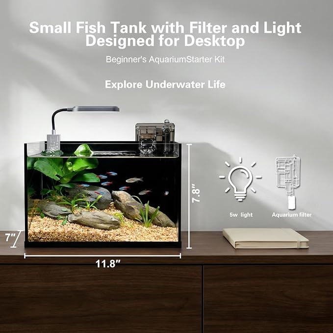 2.8 Gallon Aquarium Starter Kits, Small Fish Tank with Light and Waterfall Filter Pump, Suitable for Small Fish, Shrimp, or Betta Fish Tank