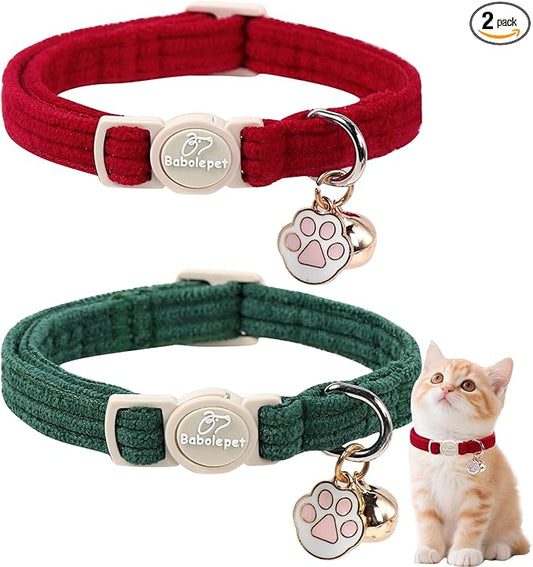 2 Pack Corduroy Cat Collars - Cute Breakaway Cat Collar with Bell and Paw Pendant, Soft Adjustable Fall Winter Kitten Collars for Girl Boy Cats, Green&Burgundy