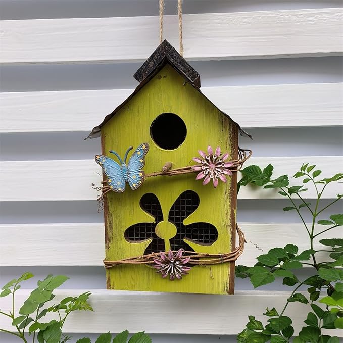 Wood Bird House for Outside, 10" H Hanging Bird House with Waterproof Metal Roof, Vintage Rustic Decorative Birdhouse Wooden Bird Nest Box for Outdoor Garden Yard Decorations (Green)