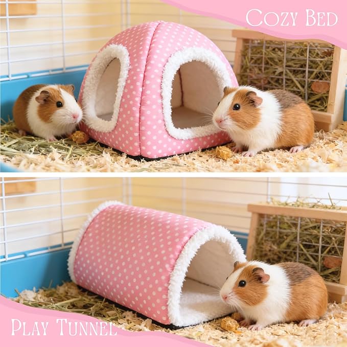 Guinea Pig Hideout and Play Tunnel Set, Washable Fleece Bed for Dwarf Rabbits, Bunnies, Chinchillas, Small Animal Toys - Pink Dot