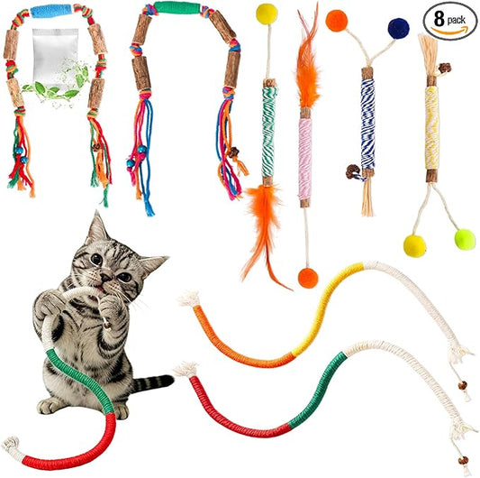 Catnip Toys for Indoor Cats - Silvervine Sticks & Cat Chew Toys for Teeth Cleaning - Refillable Natural Catnip & Silvervine Kit for Kittens & Adult Cats - 8 Pack