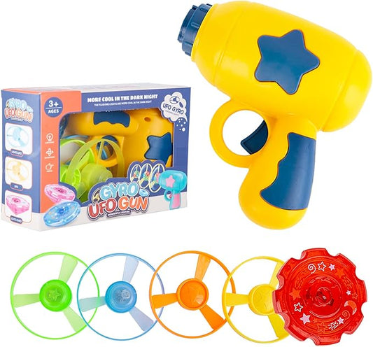 Berry President Flying Saucer Toy, Flying Disc Launch Playset with Rotating Flash Light, Indoor Outdoor Twist Shoot Toy for Kids Aged 3 Years Old & Up (Yellow)