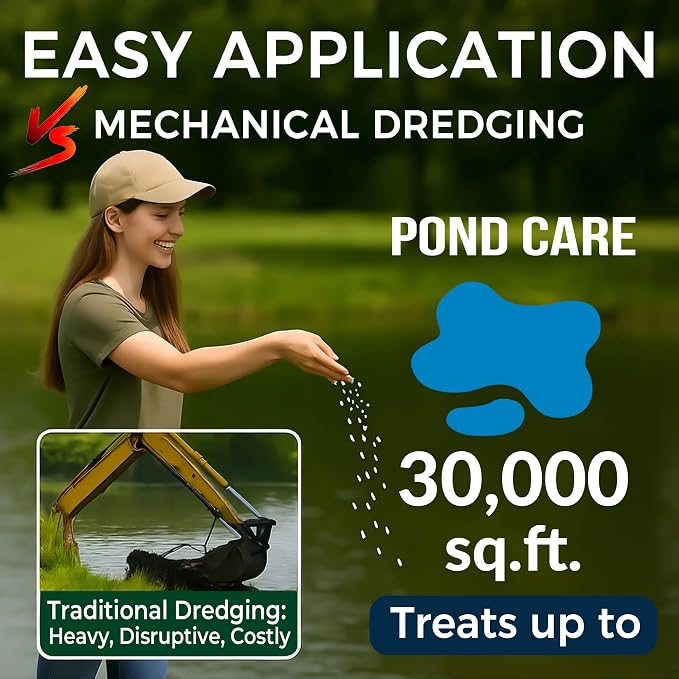 Muck Clear - 15LB Beneficial Bacteria for Ponds & Lake, Boost Enzymes, Sludge Odor Away, Outdoor Fish Pond Water Clarifier, Safe for Aquatic Life, Treats Up to 90,000 Sq Ft