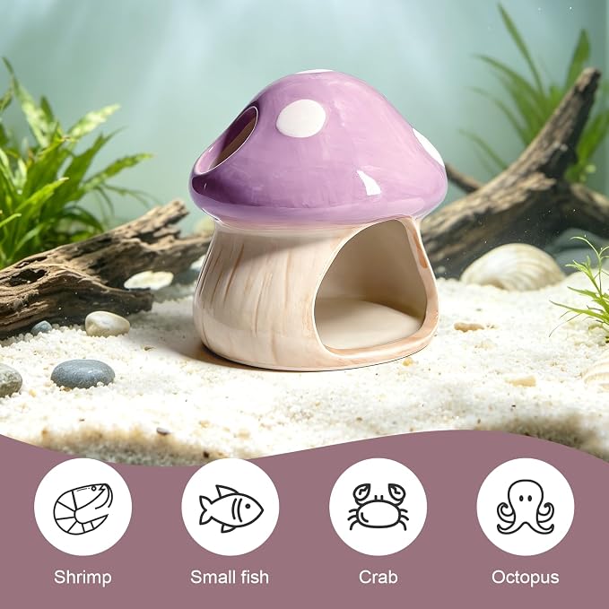 Betta Fish Tank Accessories, 4.33" Ceramic Mushroom Aquarium Decor, Purple | Hideout Cave Ornament for Small Fish, Shrimp, Hamsters & Reptiles – Aquarium Decor with Natural Look, Functional Shelter
