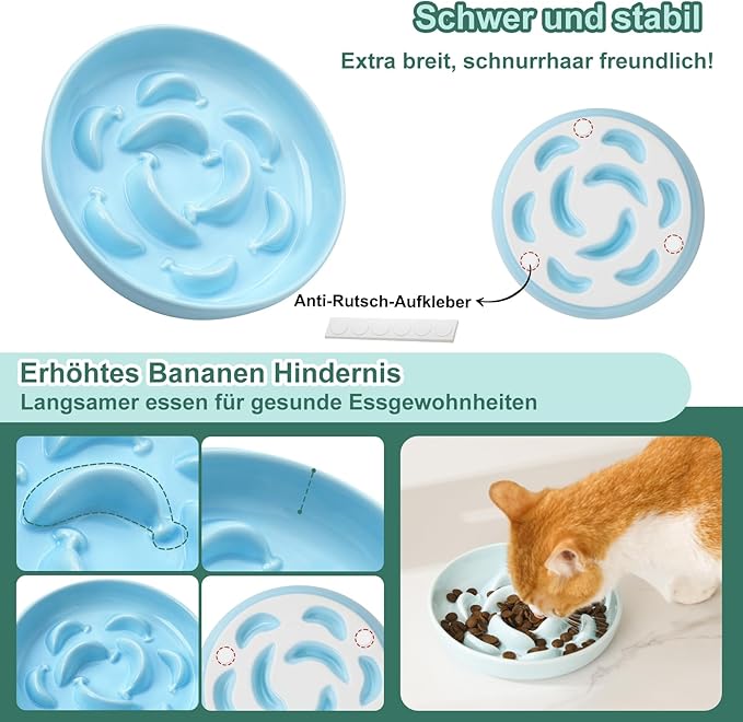 Ceramic Cat Slow Feeder Bowl - 6.3'' Wide Opening Whisker Friendly Cat Plate for Dry and Wet Food - Cute Maze Feeder Dish Helps Reduce Vomiting - Microwave and Dishwasher Safe - Blue