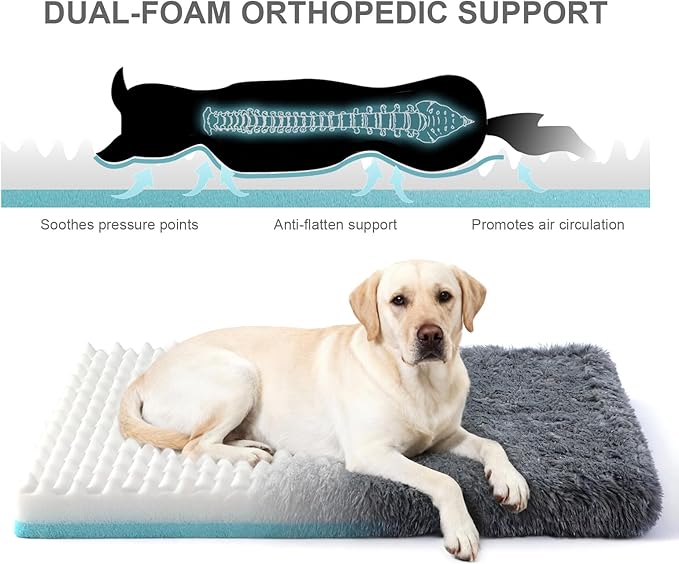 XL Orthopedic Dog Bed for Large Dogs, Dual-Layer Memory & Egg-Crate Foam, Washable Warm Winter Plush Cover, Waterproof Liner, Non-Slip Bottom, Crate/Kennel Pad, 44 x 32 Inch, Dark Gray