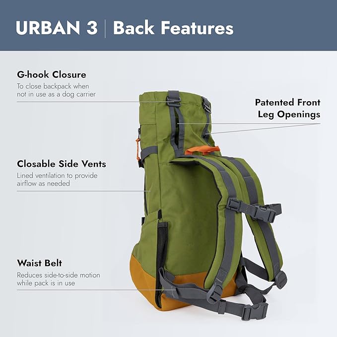 K9 Sport Sack Urban 3 - Medium, Leafy - Ideal for Dogs with 17-19” Back Length - Dual-Use, Backpack-Style Carrier + Everyday Pack