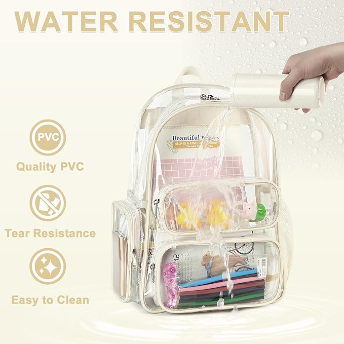 CAMTOP Clear Backpack Heavy Duty Transparent Bag for Stadium Events See Through BookBag for Student School Work Festival Sport Travel (Beige)