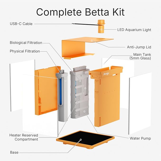 2.1 Gal Betta Fish Tank, Ultra Clear Glass Desktop Aquarium Starter Kit | Hidden Back Filter, Quiet Pump, LED Light, All-in-One Nano Aquarium for Desk, Orange
