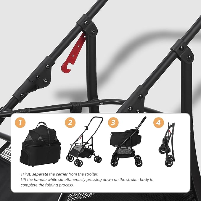 Pet Stroller Quickly Folds for Easy Storage Cat Stroller with Detachable Carrier Thickened Oxford Cloth Breathable Basket Dog Strollers for Small Dogs (Black)