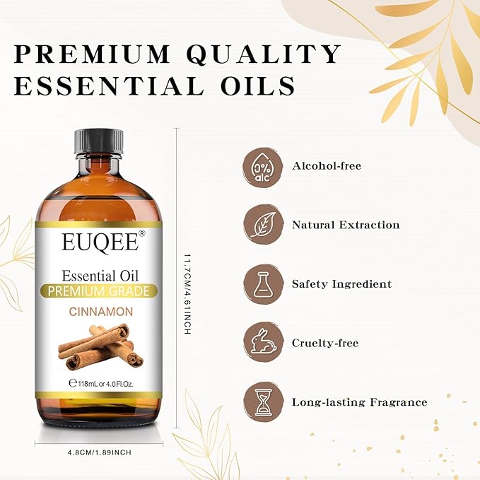EUQEE Cinnamon Essential Oil 118ml Pure Essential Oil for Diffuser, Aromatherapy, DIY Soap, Candle Making - 4 Fl.Oz, Cinnamon,4 Fl Oz (Pack of 1)