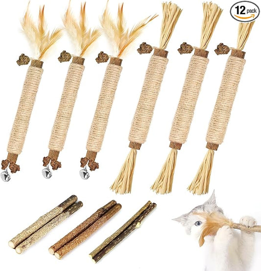 Tocirelo Catnip Toys Silvervine Sticks - 12Pack Natural Cat Chew Toys for Bored Indoor Cats Teeth Cleaning, Matatabi Sticks Treats with Feather and Bell, Kitten Teething Calming Products