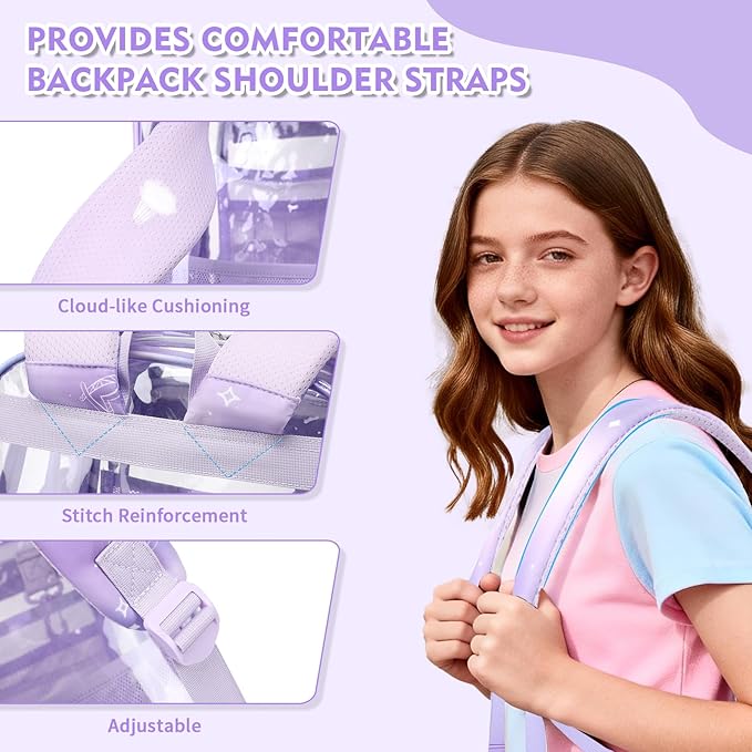 Clear Backpack for School,Transparent Backpack Stadium Events,Heavy Duty Clear Bookbag for Girls,Boys,Work,Sport Purple Sparkle